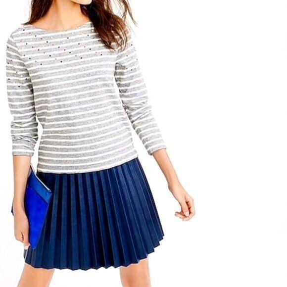 J. Crew Tops - J.‎ Crew Top XS Embellished Striped Shirt Crystals Scoop Neck Cotton Blue White